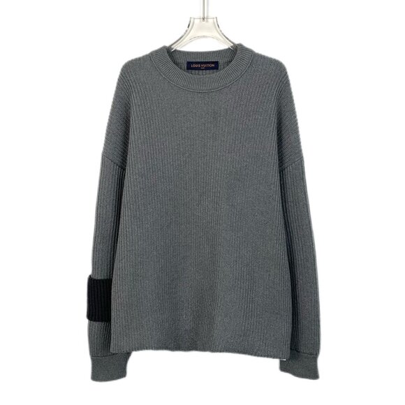Louis Vuitton Gray Wool Ribbed Sweater With Black Elbow Patch & Back Logo Mens - Picture 1 of 7